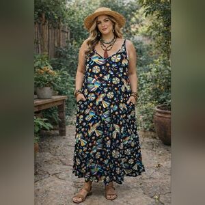 Tropical‎ Floral Bird Maxi Dress 100% Rayon